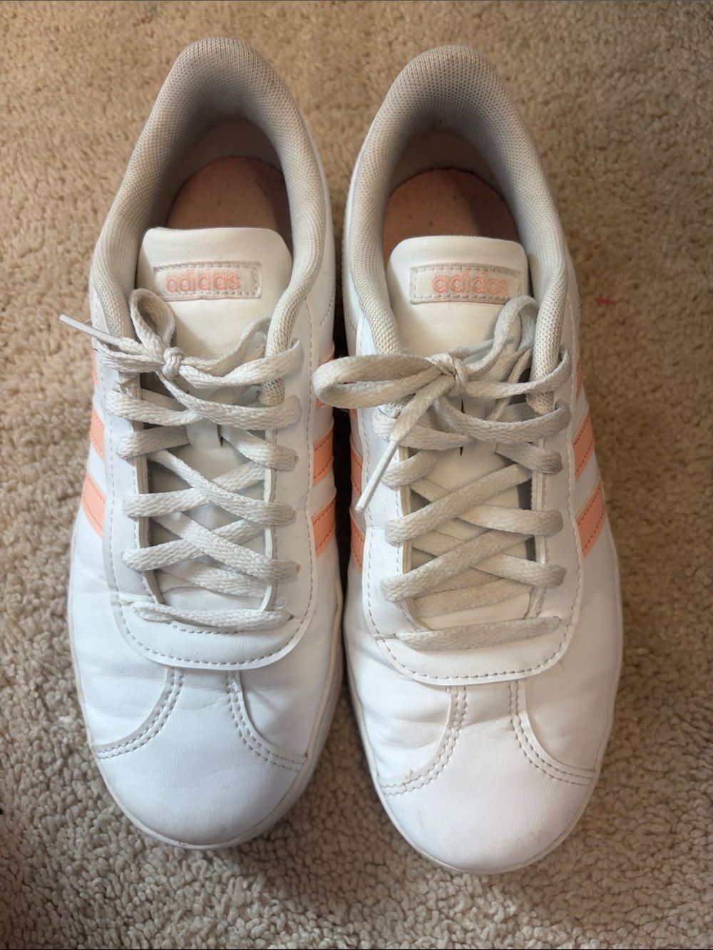 adidas White Sneakers with Peach Stripes